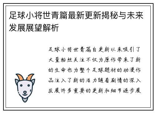 足球小将世青篇最新更新揭秘与未来发展展望解析